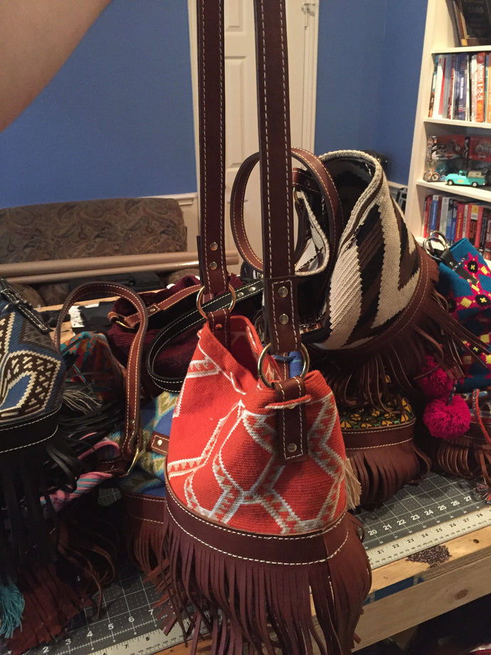 Leather and Twill Bucket Bags with Fringe